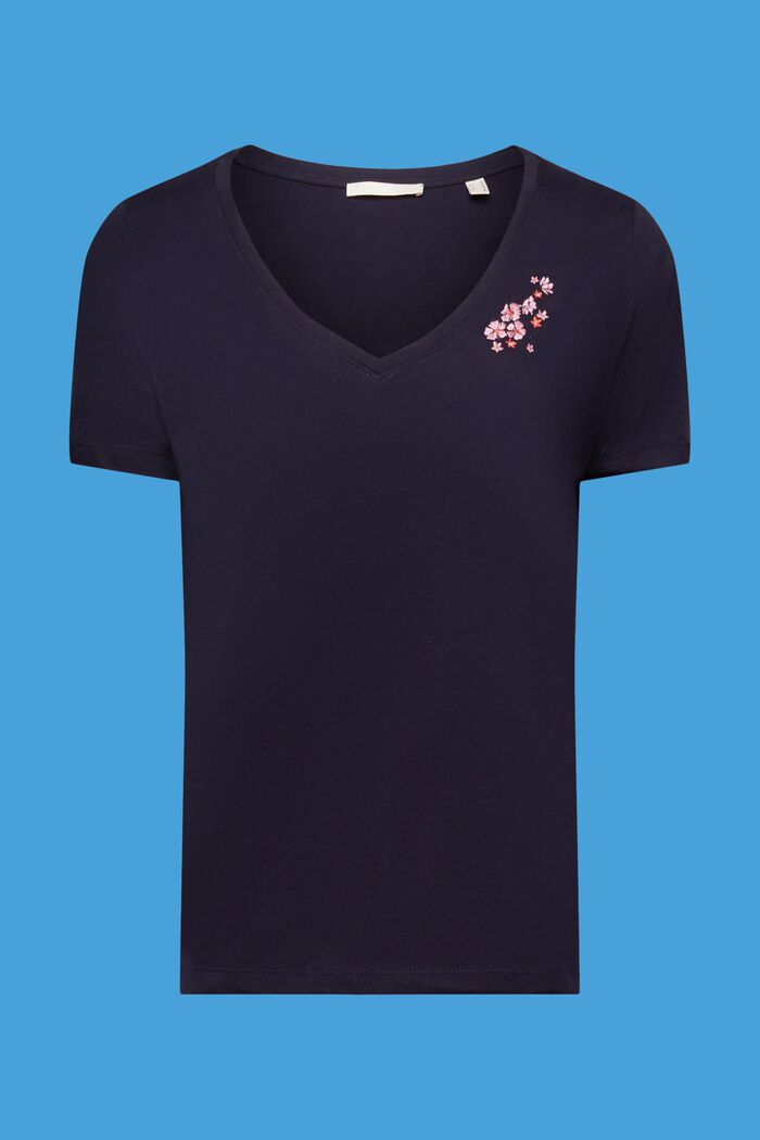 花卉刺繡V領T恤, 海軍藍, detail image number 5