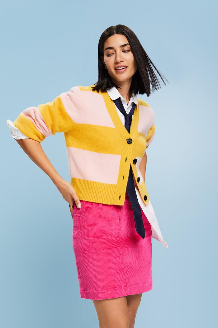 Cashmere V-Neck Rugby Stripe Cardigan, YELLOW, detail image number 0