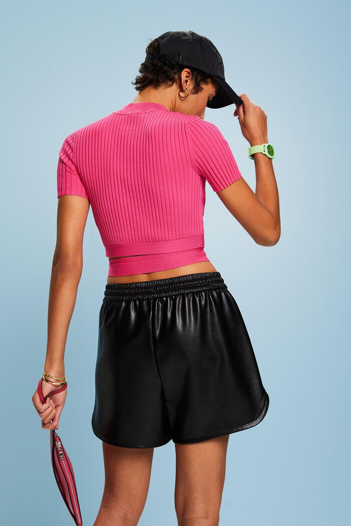 Tie Detail Ribbed Knit Cropped Top, PINK FUCHSIA, detail image number 2