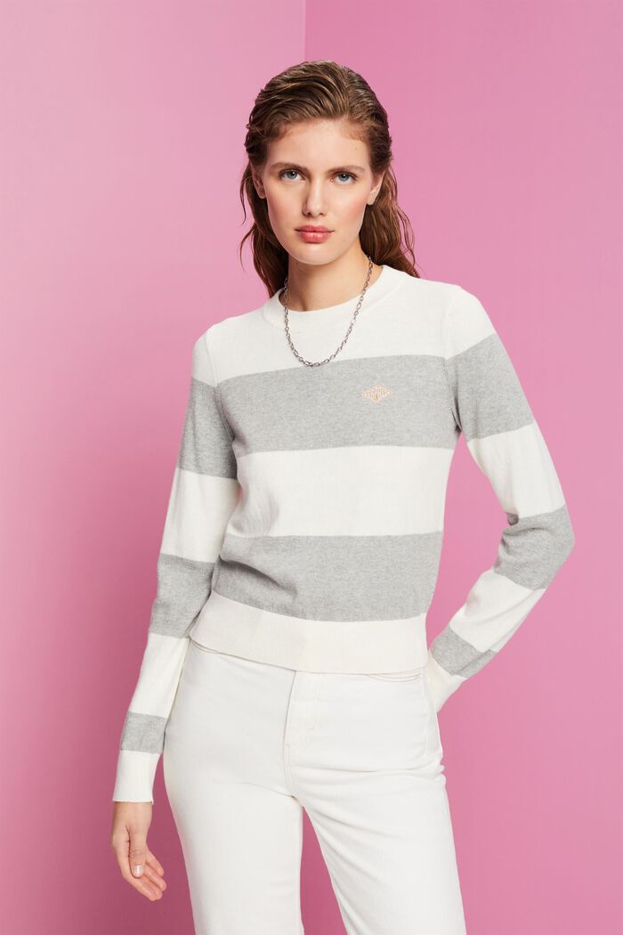 Striped cotton jumper with cashmere, LIGHT GREY, detail image number 0