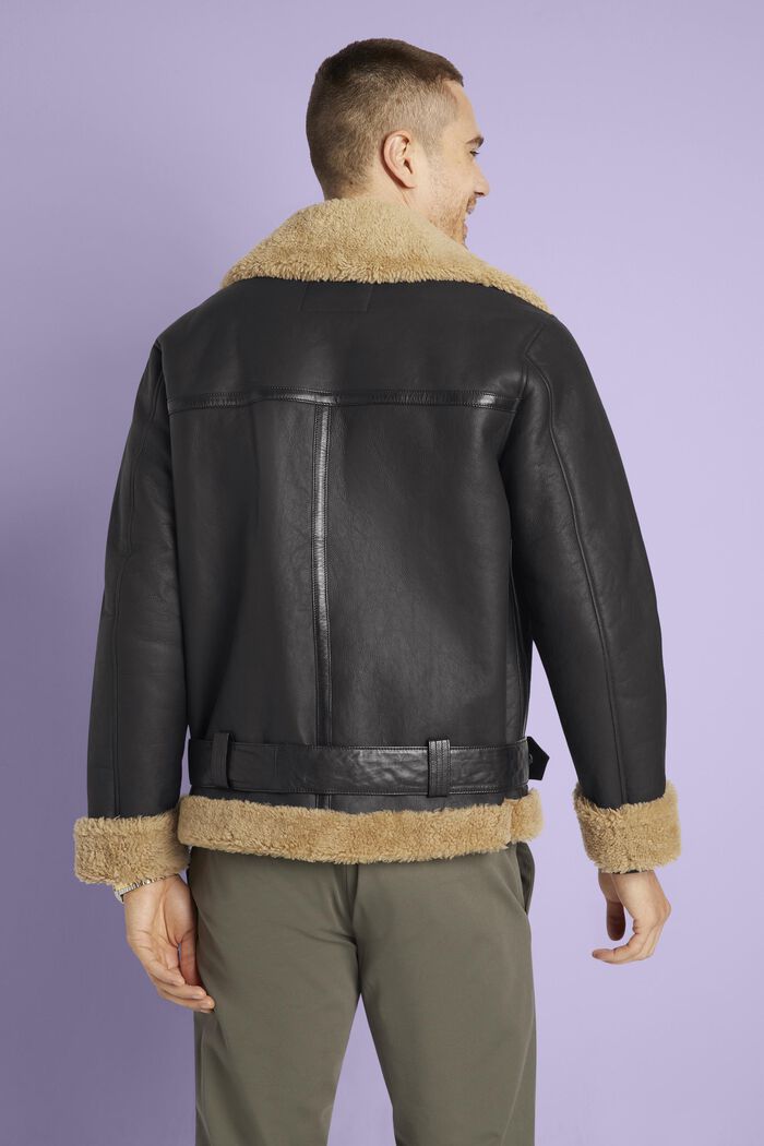 羊羔毛皮革夾克, 黑色, detail image number 3